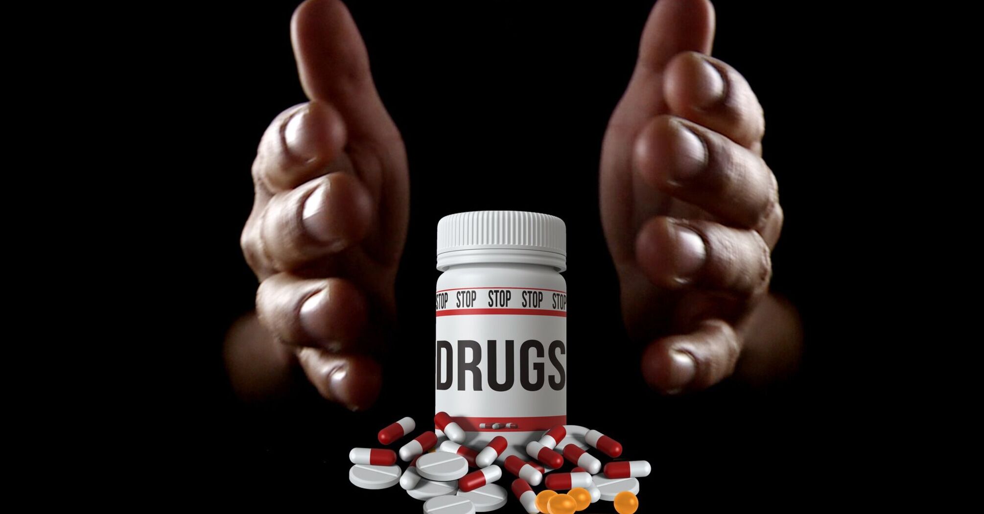 A pill bottle labeled 'STOP DRUGS' with scattered pills and hands signifying rejection