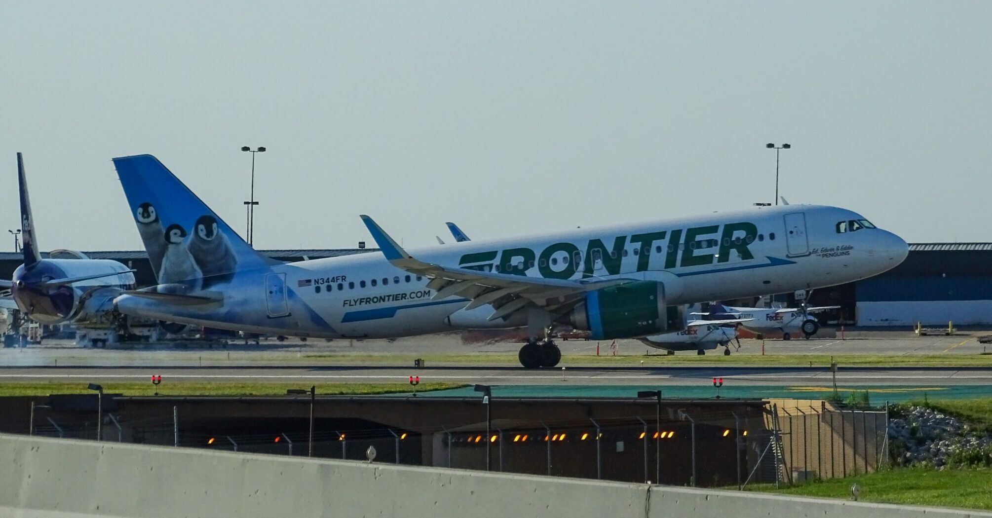 Frontier Airlines plane with distinctive animal tail art on the tarmac