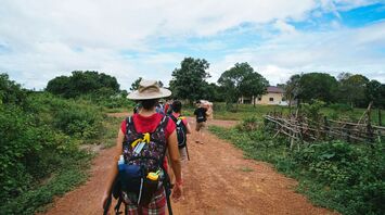 Tourists with backpacks walking on a rural path surrounded by greenery