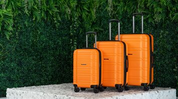 Three bright orange suitcases of varying sizes standing against a lush green plant-covered wall