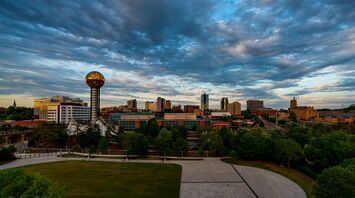 Aerial view of downtown Knoxville, Tennessee, featuring the Sunsphere