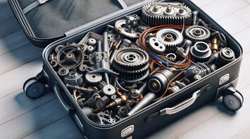 Open suitcase filled with various aircraft parts such as gears and wires, lying on a wooden floor