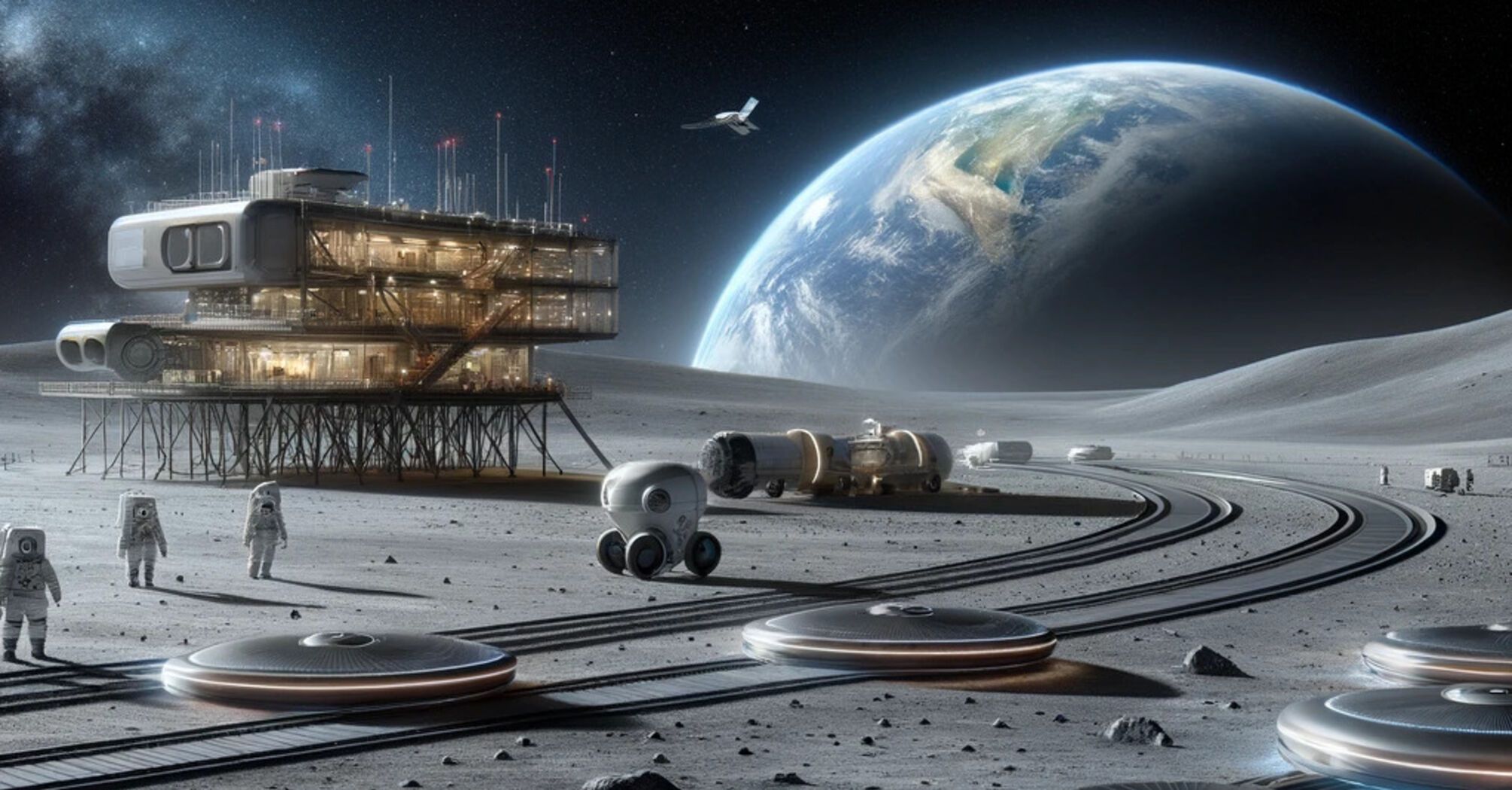 NASA's robotic lunar transportation system with astronauts and Earth in the background