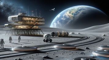 NASA's robotic lunar transportation system with astronauts and Earth in the background