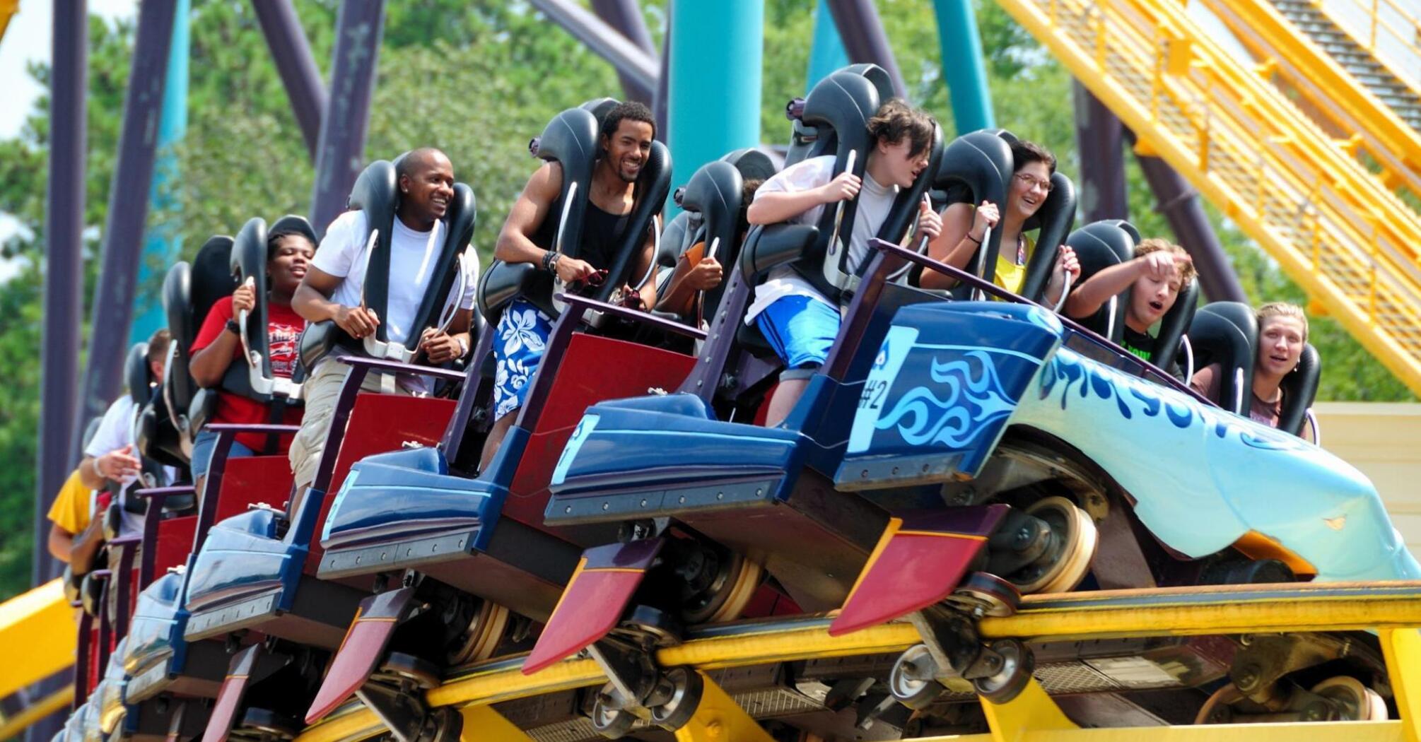 A group of people ride a roller coaster
