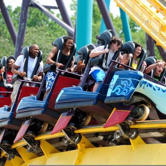 A group of people ride a roller coaster