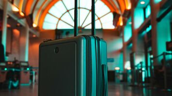 A sleek, teal suitcase stands in a modern airport under a curved, illuminated archway