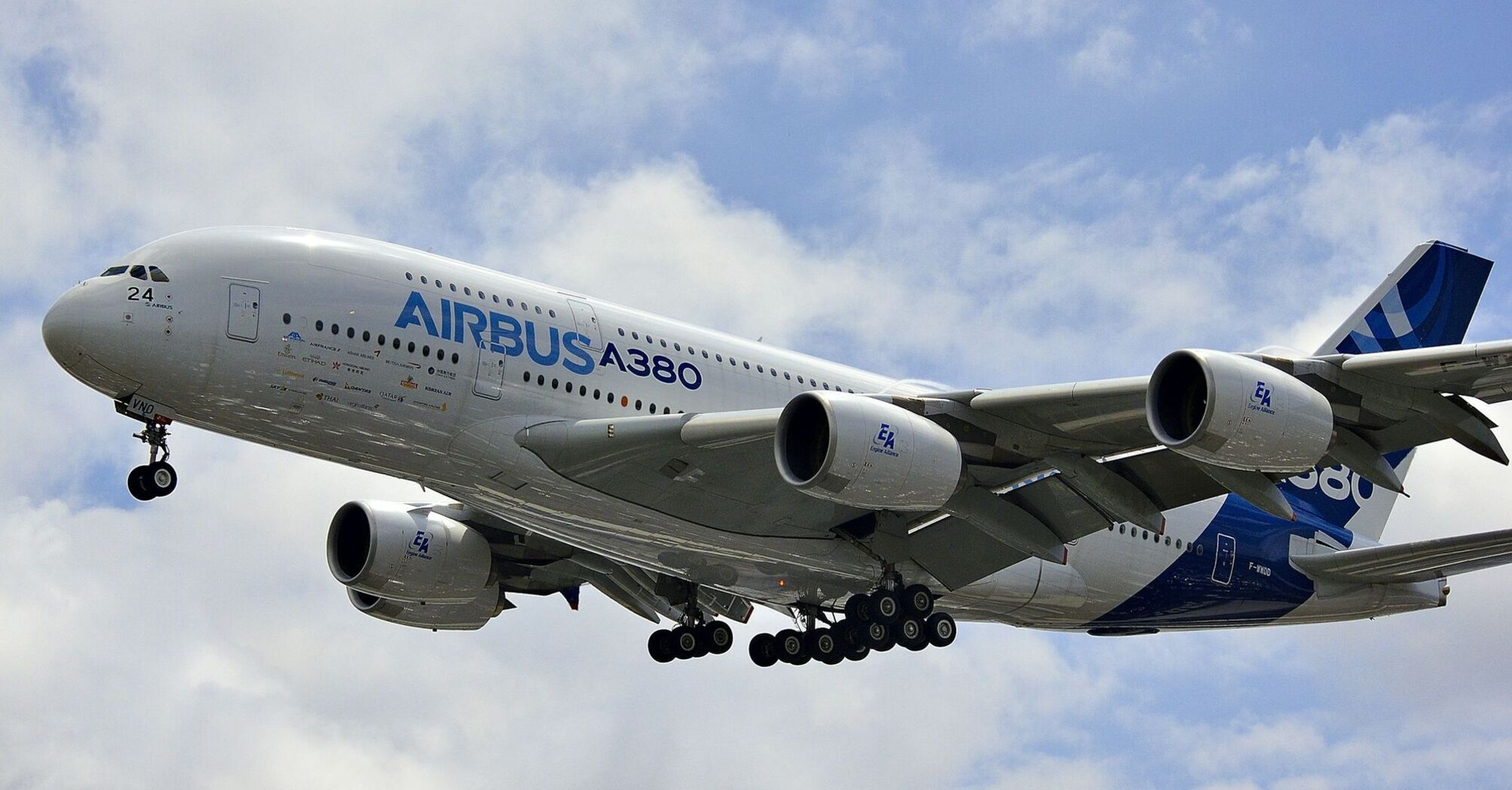Airbus A380 in flight against a cloudy sky
