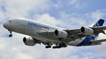 Airbus A380 in flight against a cloudy sky