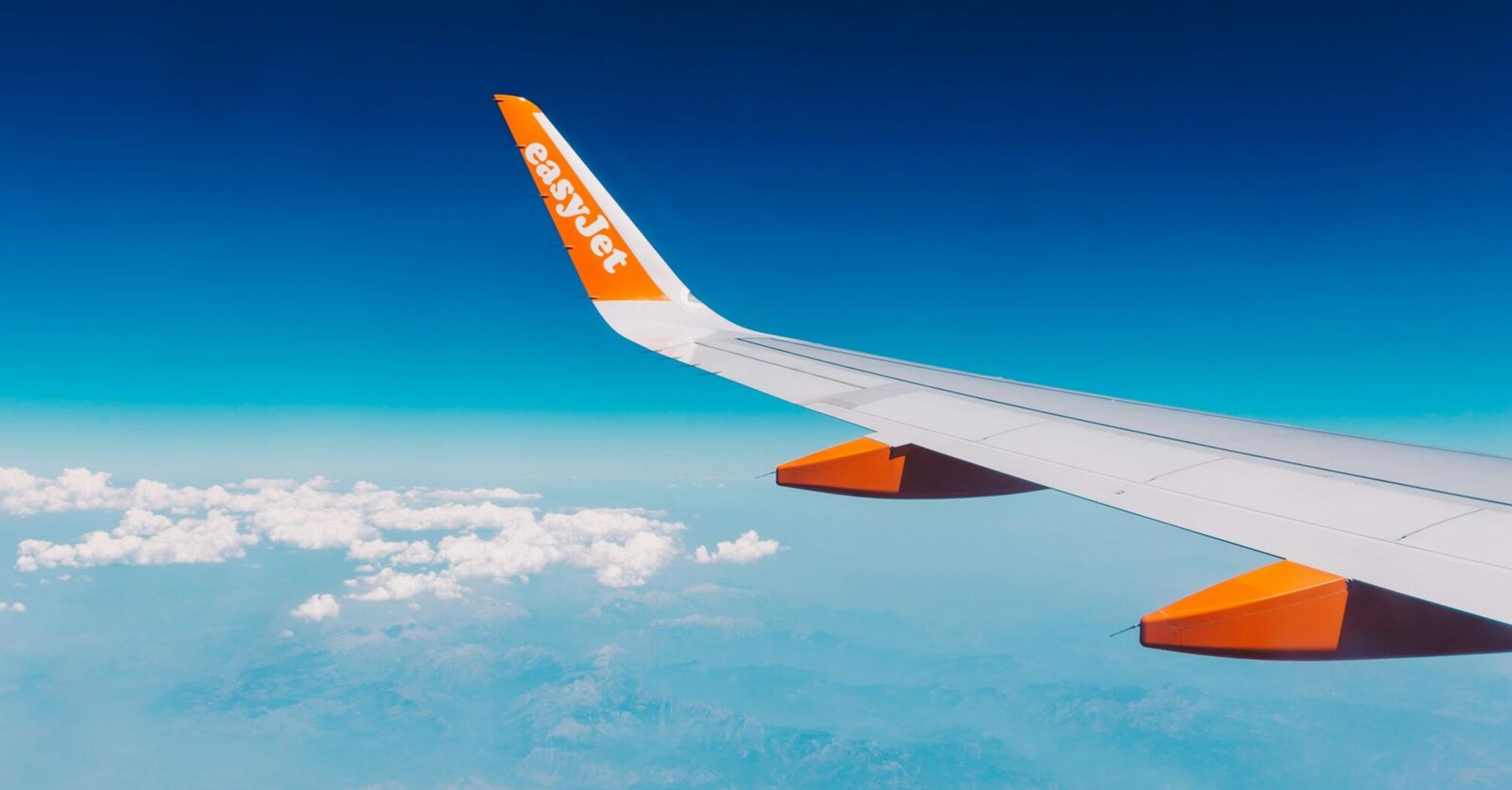 easyJet airplane wing in flight over landscape