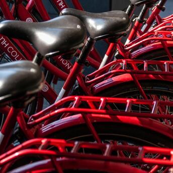 Bicycles with red frames stand in the parking lot