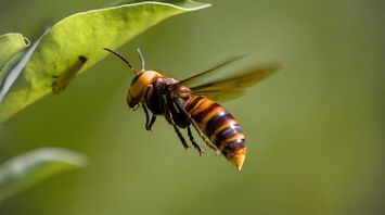 Asian hornet flying near a green leaf