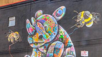 A mural of a patchwork rhinoceros