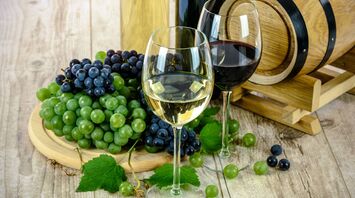 Glasses of red and white wine with grapes