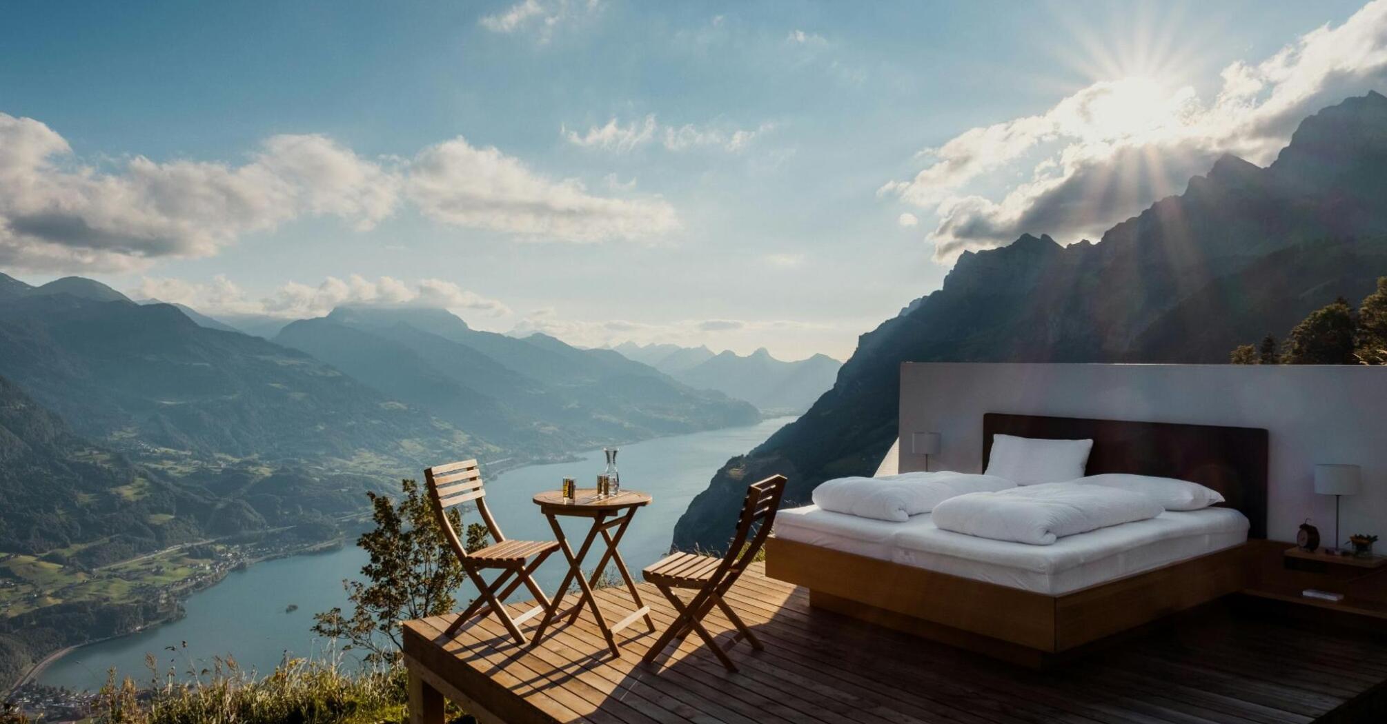 Sleeping bed located in a beautiful landscape