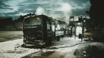 A burnt bus at the bus stop