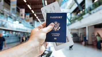 man holds a passport and his boarding pass in his hand