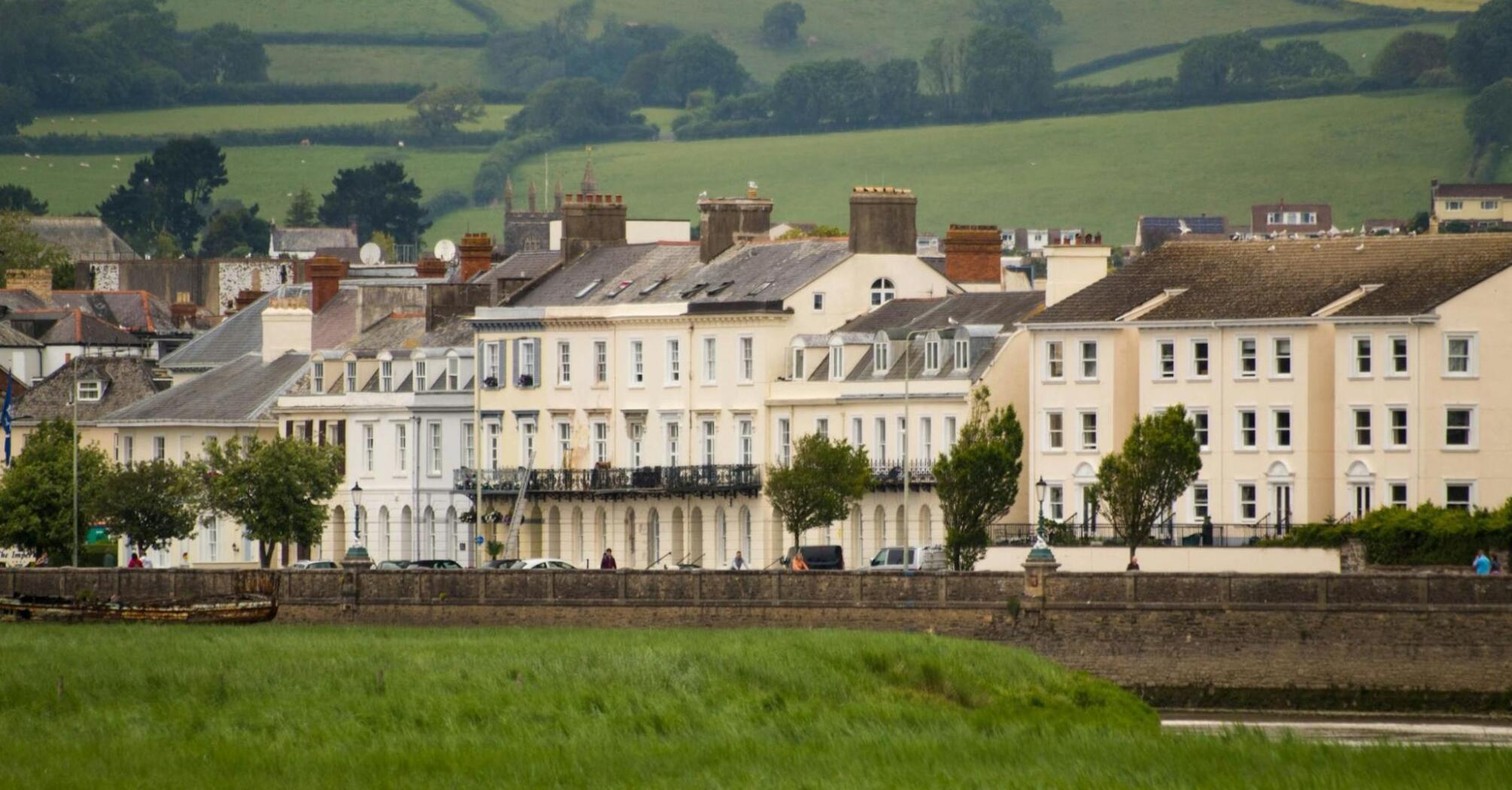 A row of white and brown buildings in Barnstaple