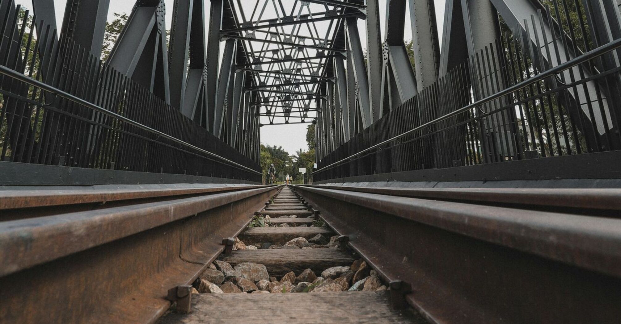 Steel railway bridge viewed from below