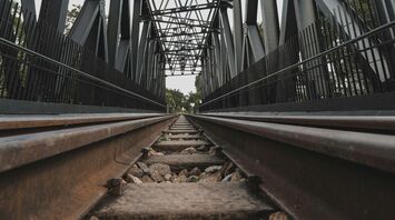 Steel railway bridge viewed from below