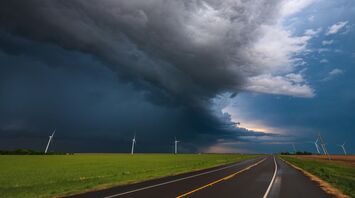 Dark storm clouds over a rural road and wind turbines