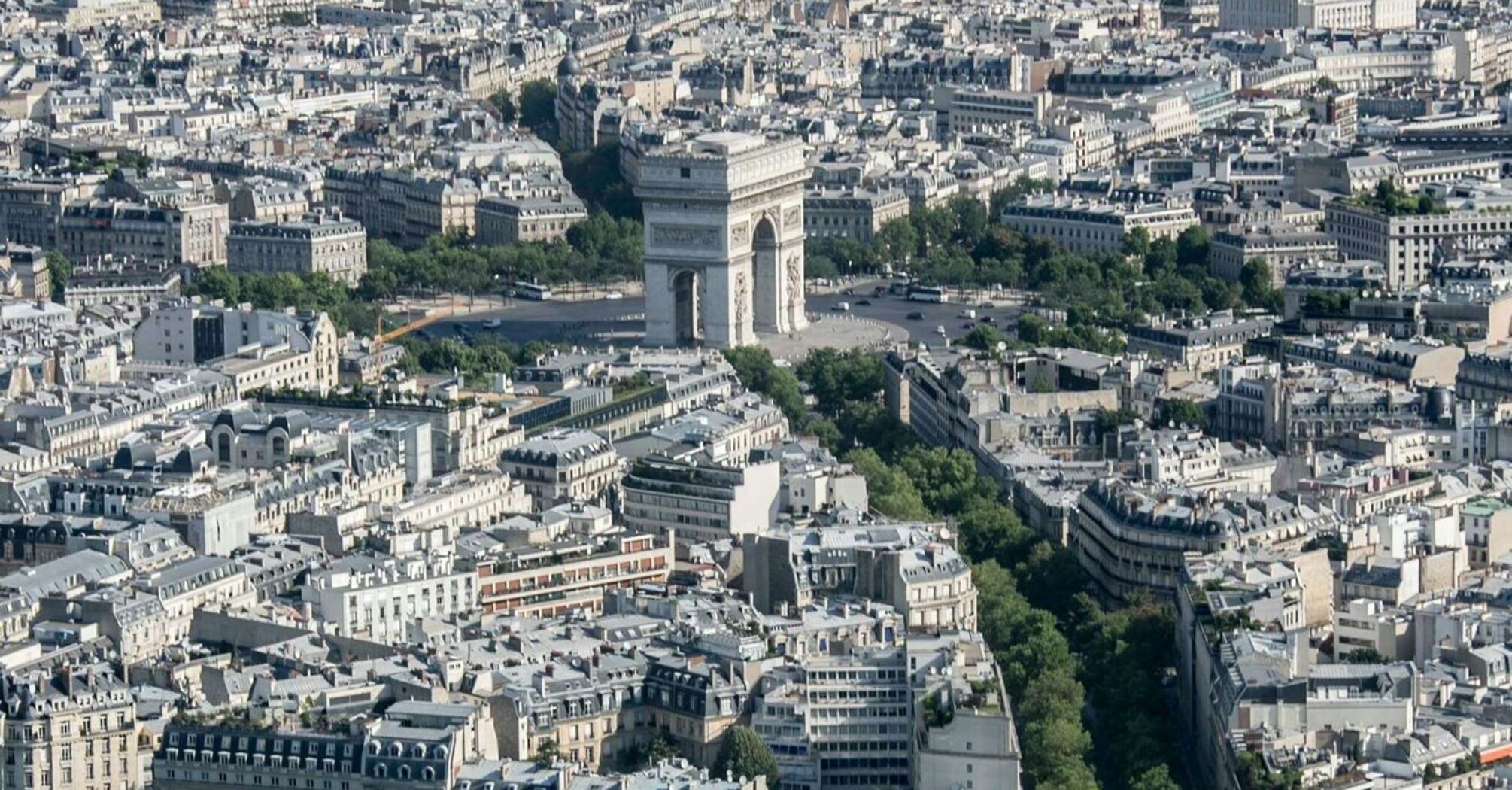 Aerial view of the Champs-Élysées and Arc de Triomphe in Paris