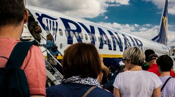 Passengers boarding a Ryanair flight