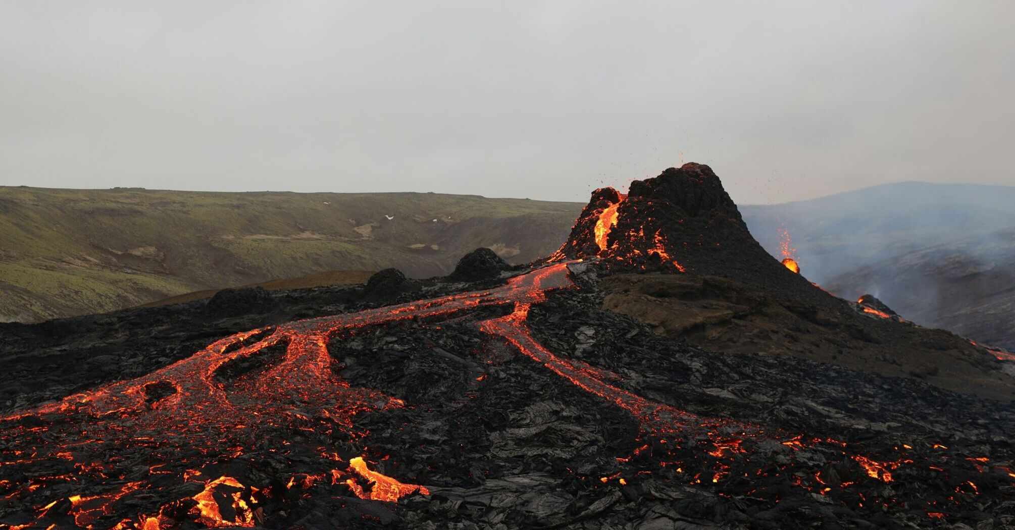 Lava flowing from a volcanic eruption in Iceland