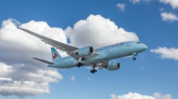 Air Canada airplane in flight with Olympic-themed livery