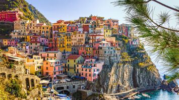 Colorful houses of Cinque Terre, Italy, overlooking the Mediterranean Sea