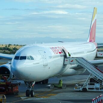 Iberia airplane parked at Adolfo Suárez Madrid-Barajas Airport