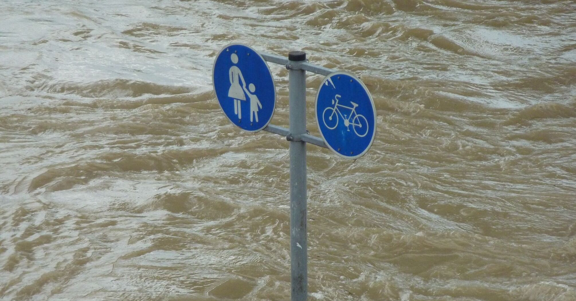Traffic signs submerged in floodwater indicating pedestrian and bicycle paths