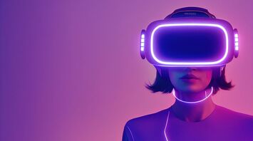 Woman wearing futuristic VR headset with neon lights