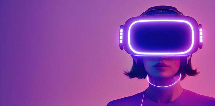 Woman wearing futuristic VR headset with neon lights