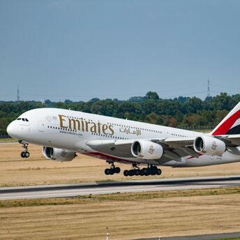 Emirates Airbus A380 taking off from an airport