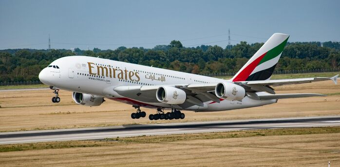 Emirates Airbus A380 taking off from an airport