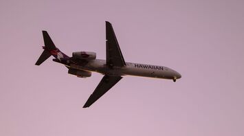 An airplane flying in the air with a pink sky background