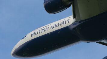 Close-up of British Airways logo on the underside of an airplane engine