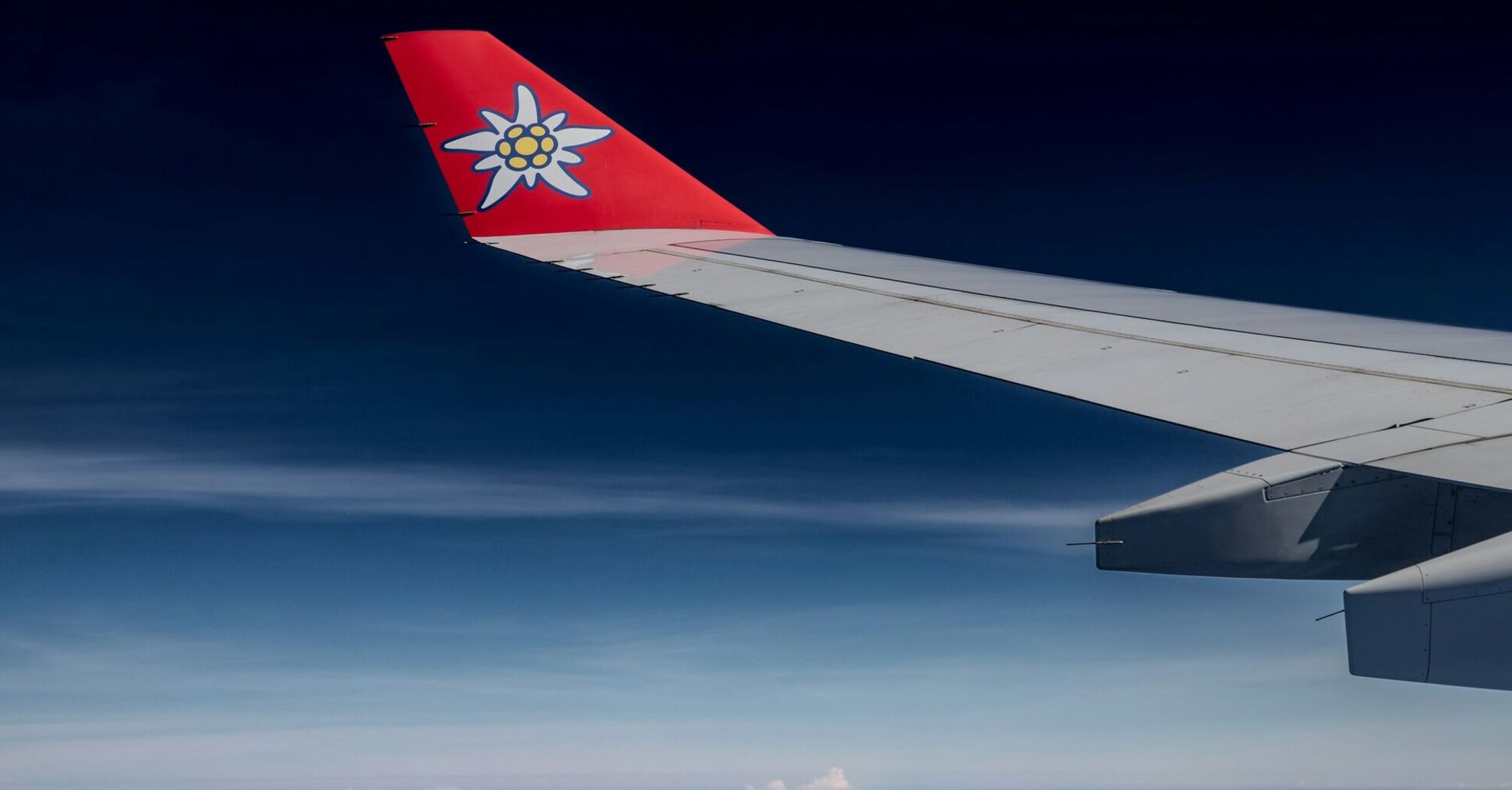 View of an airplane wing with a red winglet featuring a white Edelweiss flower against a clear blue sky