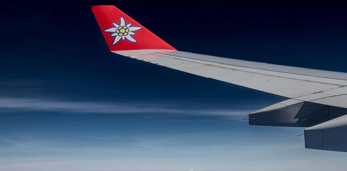 View of an airplane wing with a red winglet featuring a white Edelweiss flower against a clear blue sky