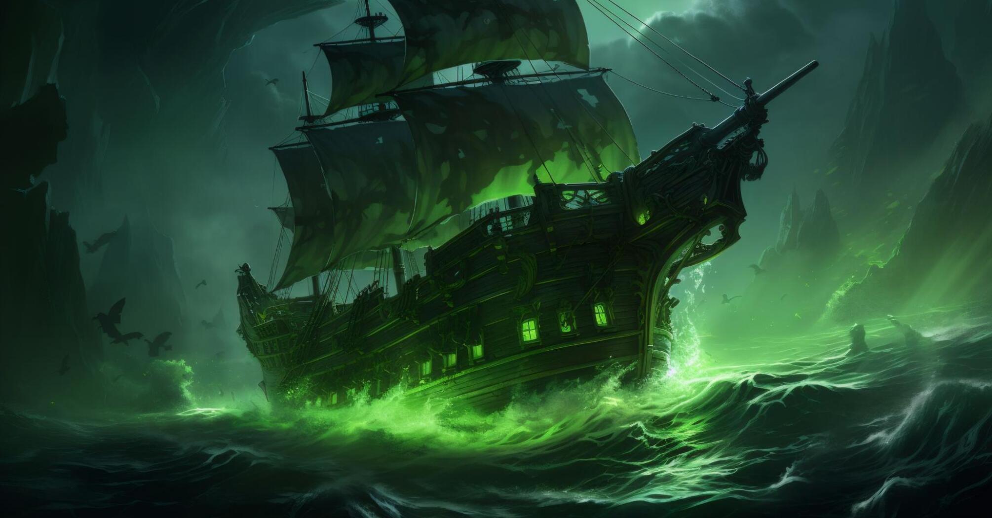 Ghost ship shrouded in green light