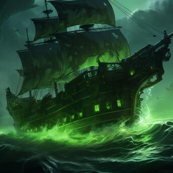 Ghost ship shrouded in green light