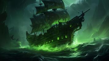 Ghost ship shrouded in green light