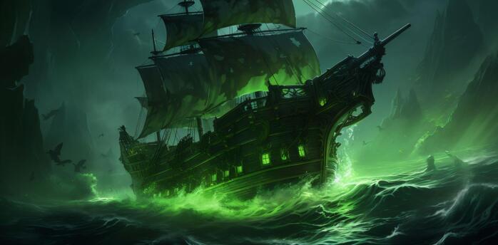 Ghost ship shrouded in green light