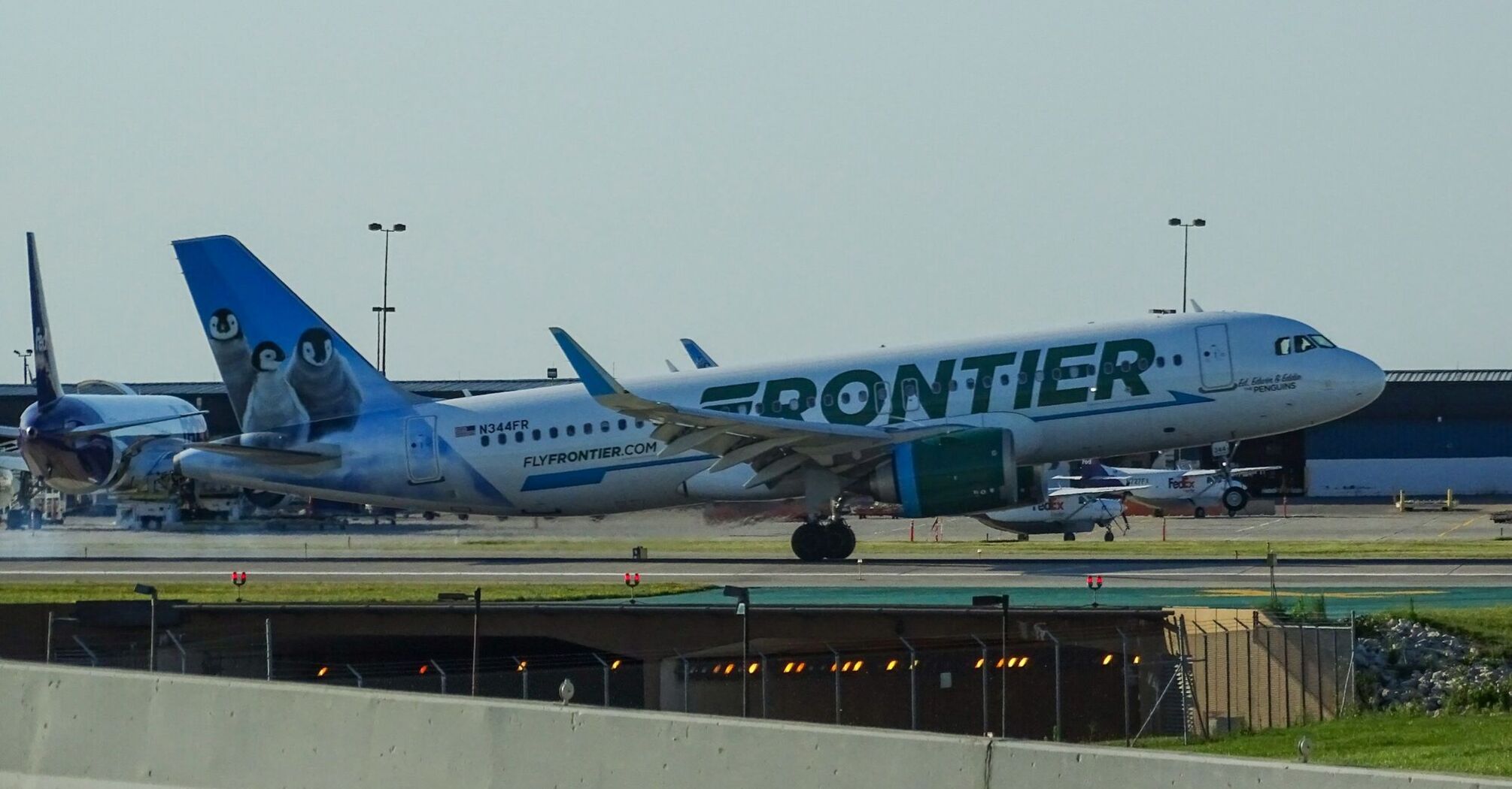 Frontier Airlines aircraft on tarmac with distinctive animal-themed tail art