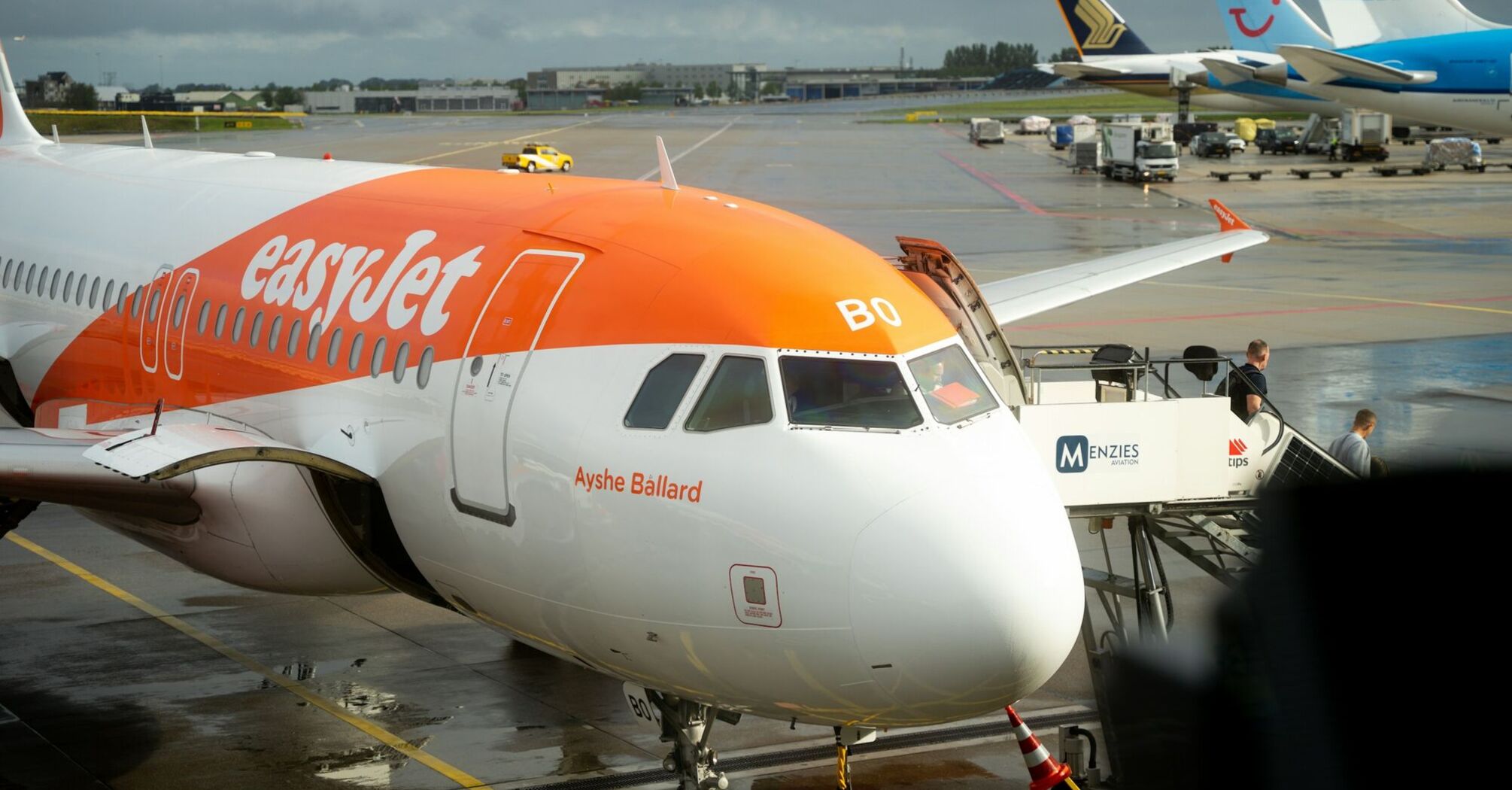 easyJet airplane at an airport gate