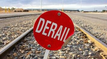 Red sign with the word 'Derail' on railway tracks