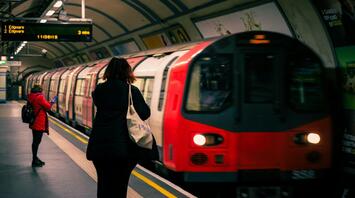 A red and white London Underground train at a station with passengers waiting on the platform