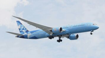 a blue Etihad Airways airplane flying in the sky