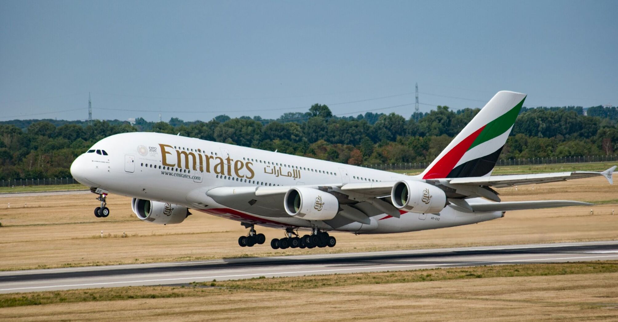 Emirates A380 landing on a runway